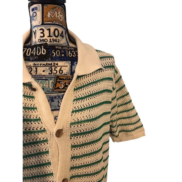 Vintage Style Green Cream Button Down Short Sleeve NERD Collared Sweater Sz XXL - Picture 7 of 16